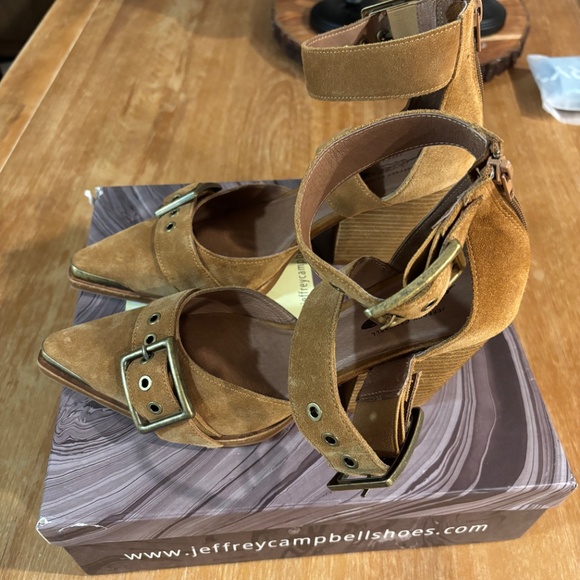 New Free People x Jeffrey Campbell Tan Suede Hendrix Strap Heels Size 10 - Picture 13 of 15